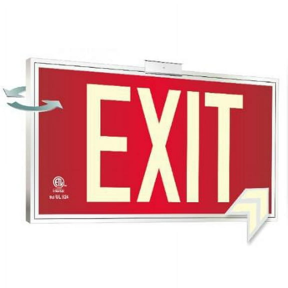 Photoluminescent Exit Sign Red Framed Flag/Ceiling Mount Double Sided. UL 924 Code Approved