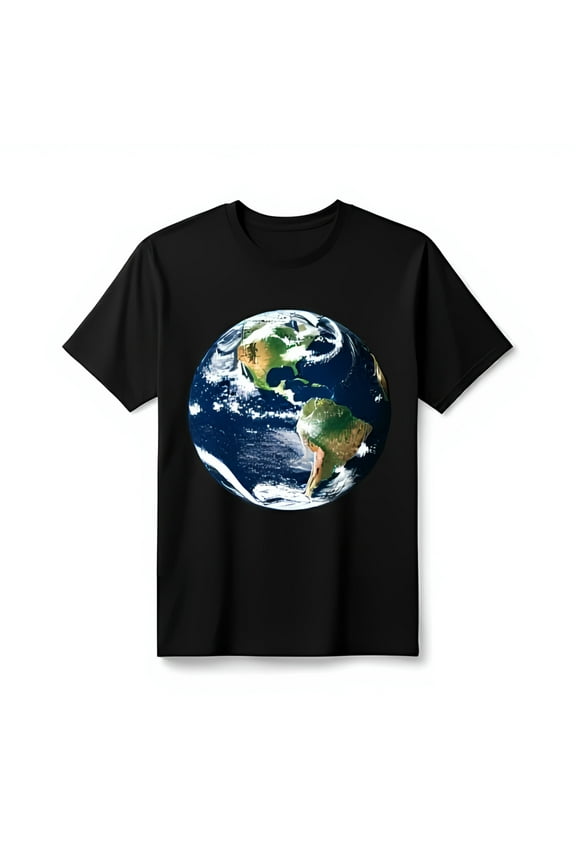 Photorealistic Earth T-Shirt Black Tee with Stunning North Design