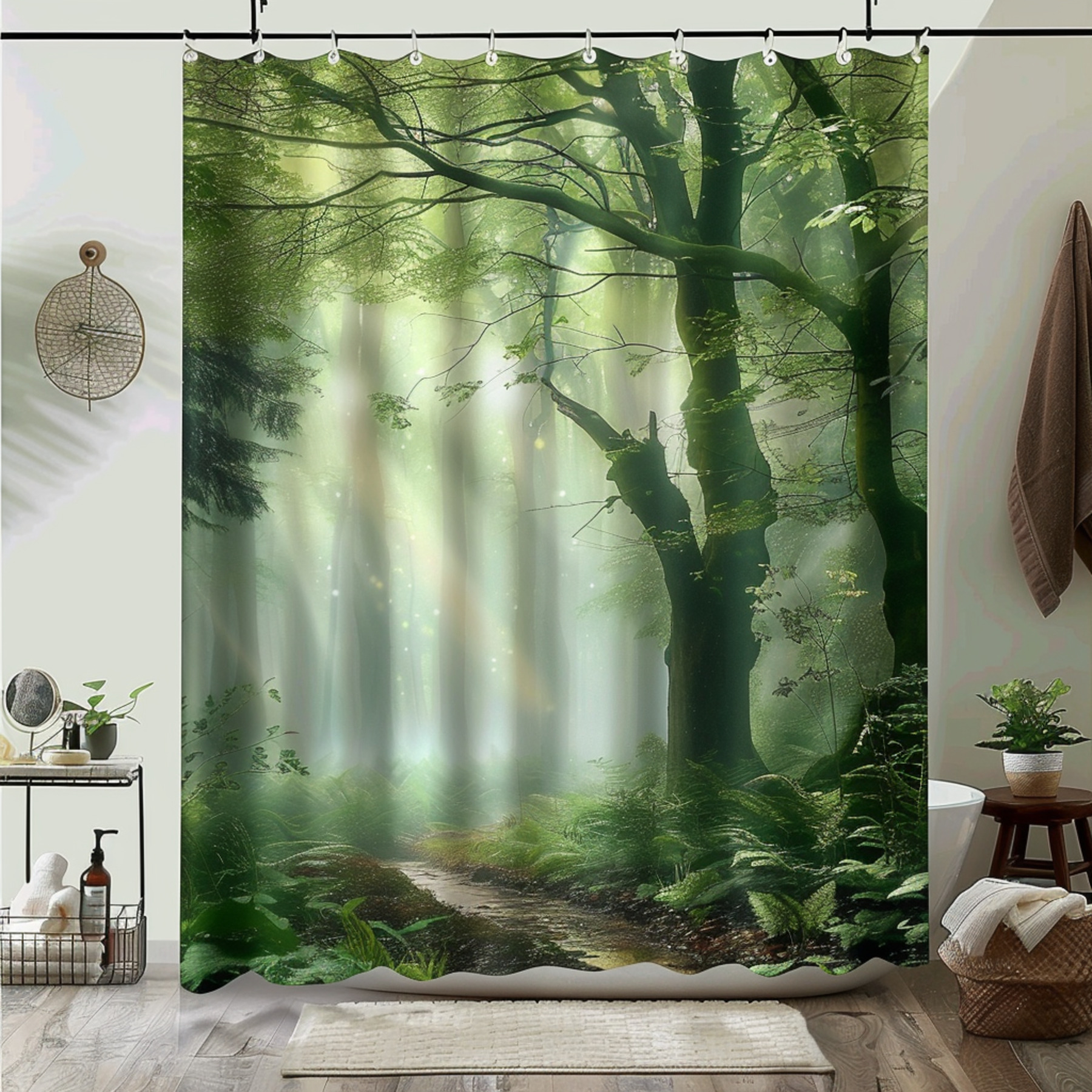 Photorealistic Foggy Forest Shower Curtain with Green and Brown Theme Bring the beauty of nature
