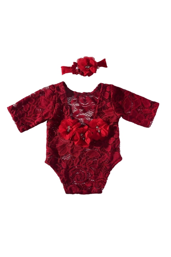 Photoshooting Clothing for Baby Girls Lace Backless Romper Flower Hairband for Infant Photography Shower Gift