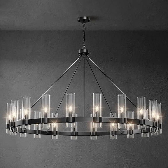 Phrous 60in Black Wagon Wheel Chandelier with 20 Lights and Glass Shades, Large Round Chandelier for Dining Room, Foyer and High Ceilings