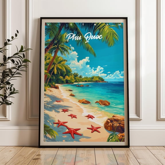 Phu Quoc Travel Print, Vietnam Starfish Beach Illustration, Unframed Paper Poster 8x10in
