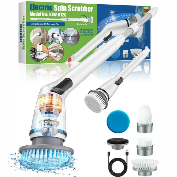 Phueutpros PowerSpin Cordless Electric Scrubber - 5 Brush Head Kit with Extension Handle for Bathroom, Shower, Tile & Car Cleaning