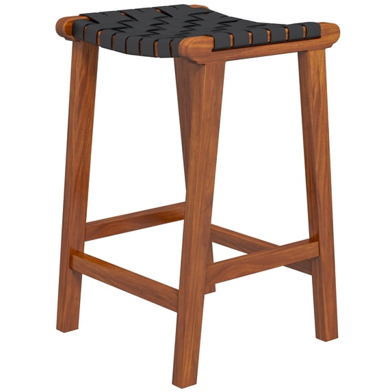 Phuket Mid Century Modern Saddle Genuine Leather Counter Stool in Black