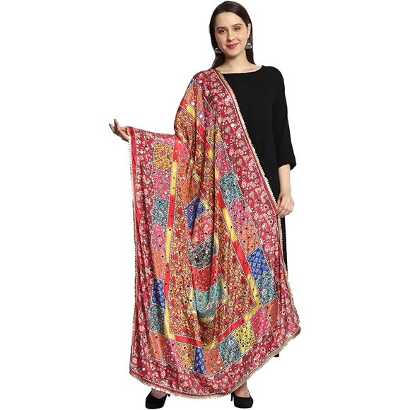 Phulkari / Dupatta /Chiffon Dupatta for Women, Embroidered Mirror Work Design, (Size 42 X 84 Inches)