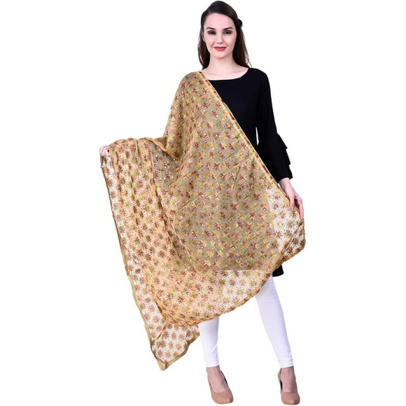 Phulkari / Dupatta /Chiffon Dupatta for Women, Embroidered Pankha Design, (Size 42 X 84 Inches)
