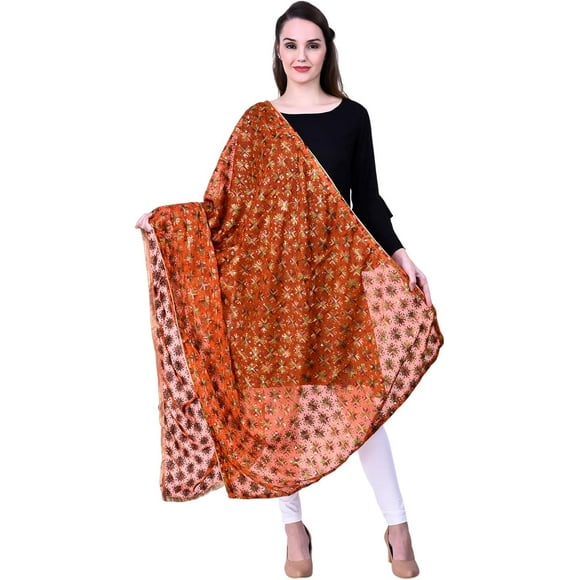 Phulkari / Dupatta /Chiffon Dupatta for Women, Embroidered Pankha Design, (Size 42 X 84 Inches)