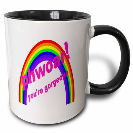 3drose, Phwoar Youre Gorgeous and Gay Lgbtqia Fun Text, 15oz Two-tone Black Mug