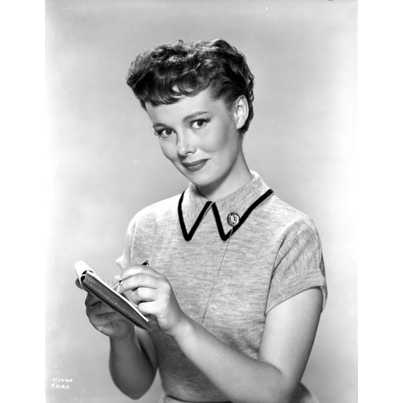 Phyllis Kirk Writing List Pose wearing Collar Shirt in Gray scale Portrait Photo Print (24 x 30)