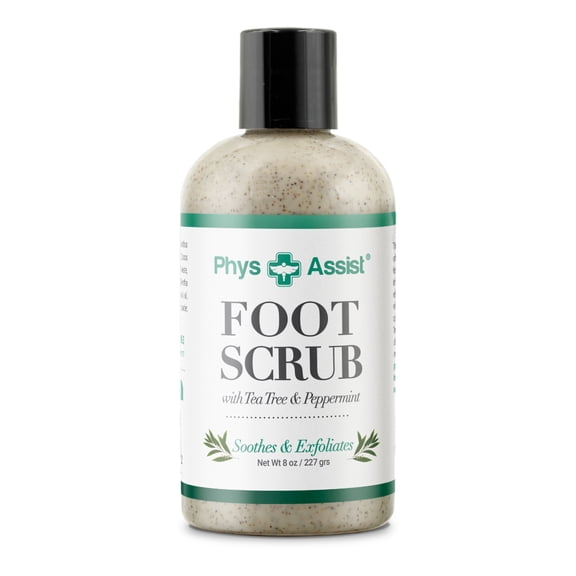 PhysAssist Foot Scrub 8 oz. with Tea Tree, Peppermint Soothes and Exfoliates Promoting a Deep Cooling Sensation Leaving Feet Feeling Calm and Refreshed.