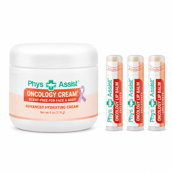 PhysAssist® Oncology Cream® Scent-Free. Skin Cream for Dry, Parched, Itchy, Sensitive Skin. Unscented 4 oz plus 3 Pack Lip Balm. Non Irritant, Clinically Tested, Dermatologist Tested, Allergy Tested