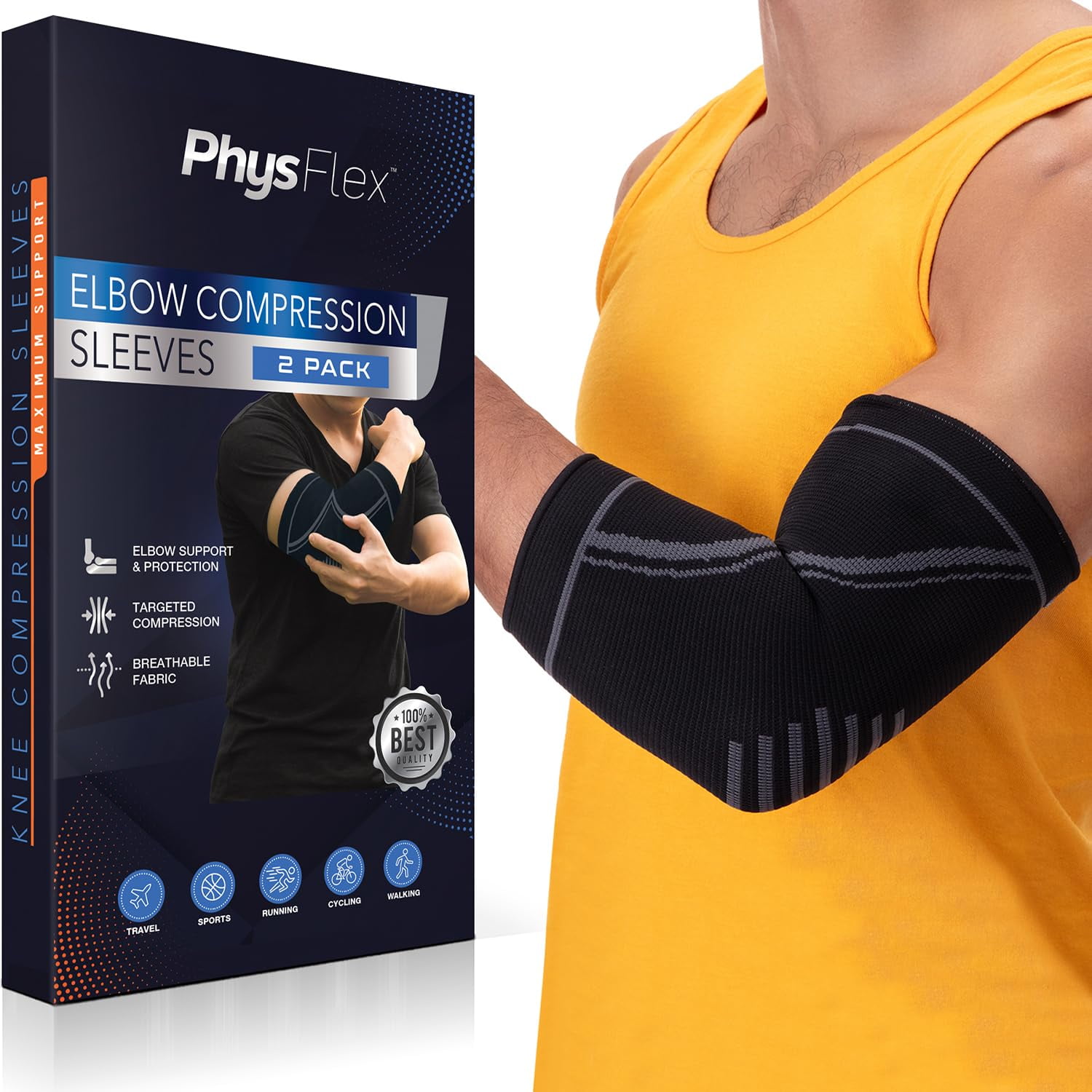 PhysFlex Elbow Brace 2 Pack for Tennis & Golfer's Elbow Pain Relief