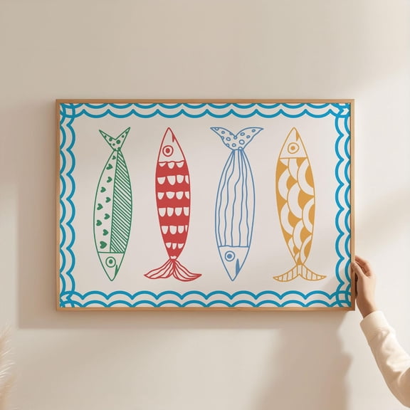 Physical, Landscape Horizontal Sardines Wall Art, Colourful Fish Kitchen & Nursery Decor, Marine Inspired Artwork #2457, Unframed Canvas Size 24x36