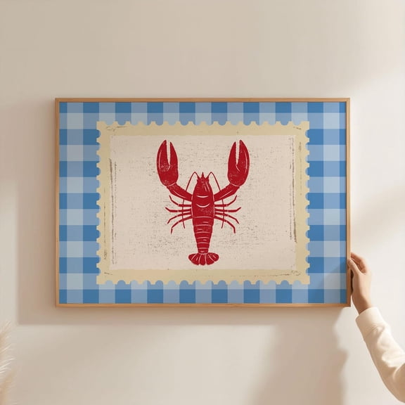 Physical - Lobster Wall Art Horizontal Coastal Kitchen Decor Nautical Fish Vintage Blue Red Checkered Pattern Unframed Paper Print