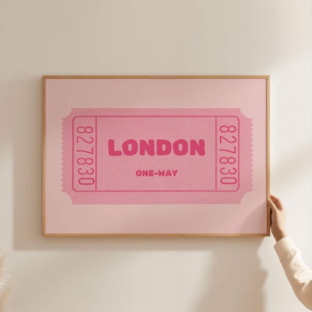 Physical - London City Ticket | Pink Pastel Retro Art, Vibrant Typography Landscape Wall Decor For Home & Office Unframed Paper Print