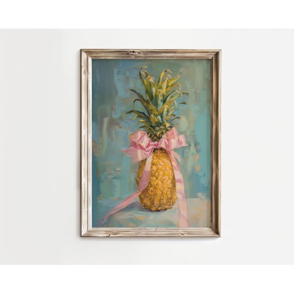 Physical, Mid-Century Vibrant Pineapple With Pink Bow Ribbons Coquette Preppy Living Room Wall Art| Wall Decor| Trendy Art Print #2501, Unframed Poster Size 12x18