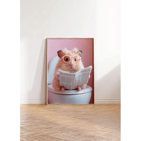 Physical - Modern Hamster In Tet Reading Newspaper Bathroom Tet Animal In Pink | Wall Decor| Home Decor| Art Unframed Paper Print