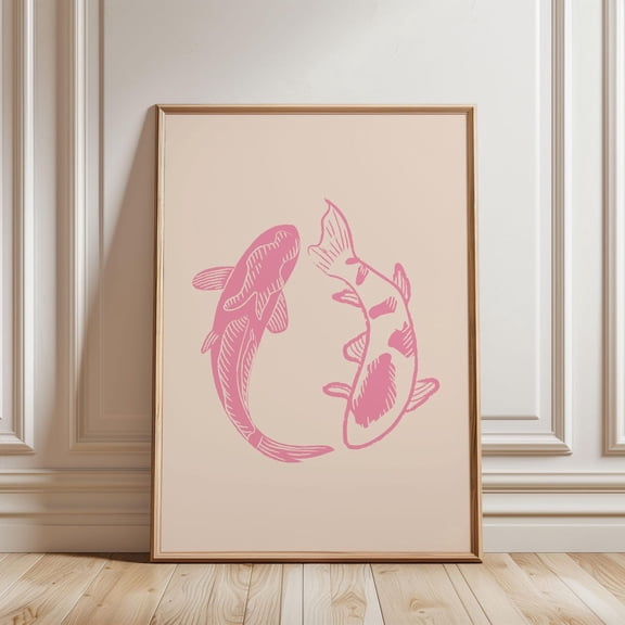 Physical - Pink Beige Koi Fish Love Wall Art |Japanese Aesthetic Trending Wall Art For Living Room Unframed Paper Print