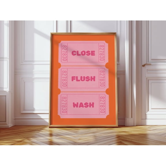 Physical Poster - Close Flush Wash Bathroom Tet Rules Poster |Orange Pink Poster Retro Art L Wall Art Poster, Unframed Poster Size 8x12