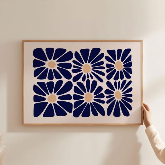 Physical Poster - Colorful Abstract Flower Poppies Wall Art | Maximalist Floral Decor, Botanical Poster, Colourful Navy Yellow Poster, Unframed Poster Size 12x18