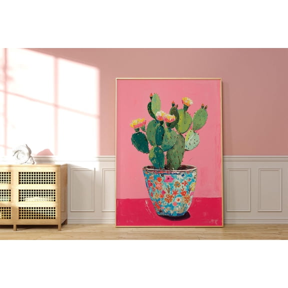 Physical Poster - Colorful Vibrant Green Cactus Poster - Abstract Pink Wall Art | Trendy Living Room Decor | Home Decor, Unframed Poster Size 16x24