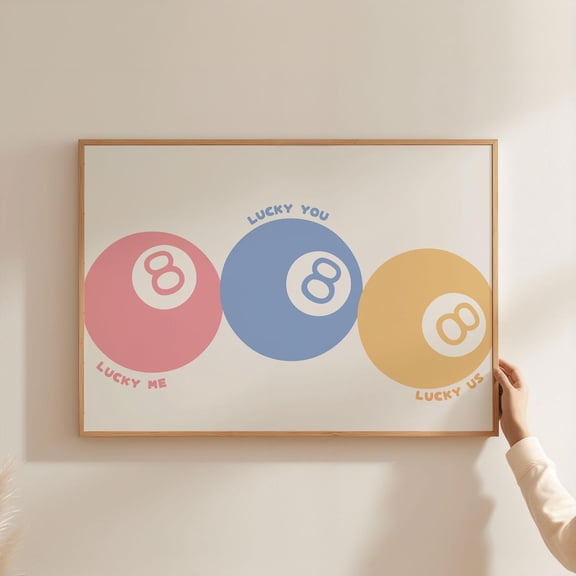 Physical Poster - Colourful Pastel Lucky Me Lucky You Lucky 8 Eight Ball Poster | Horizontal Landscape Art For Aesthetic Bedroom Wall Decor, Stretched Canvas Size 12x18