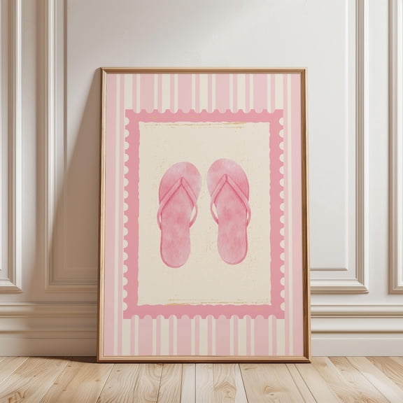 Physical Poster - Flip Flops Sandals Poster Pink Beachy Wall Art, Coastal Aesthetic Poster, Summer Wall Art, Trendy Preppy Stripped Poster, Unframed Canvas Size 8x12
