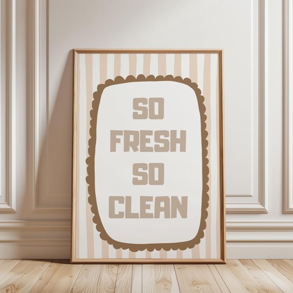 Physical Poster, So Fresh So Clean Laundry Rules Print | Beige Neutral Striped Line Pattern, Fun Wall Art for Laundry Room Typography Print, Poster Only