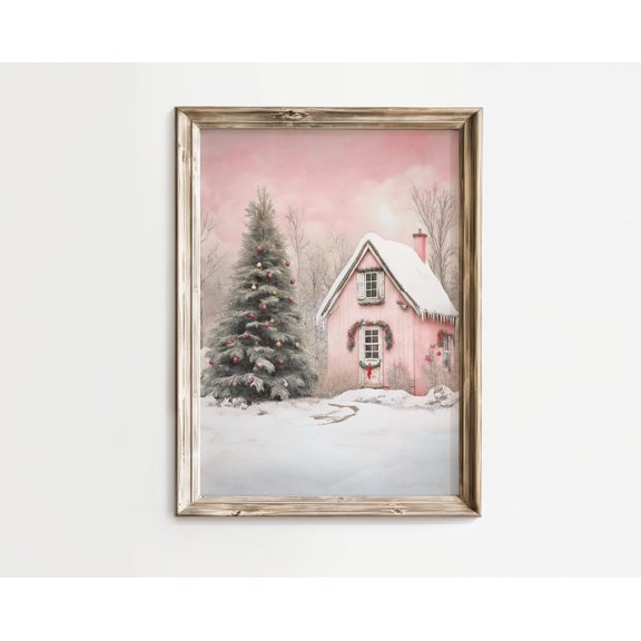 Physical Poster - Pastel Pink Village Snow Poster | Winter Decor & Festive Tree Wall Art For Cozy Home Decor, Unframed Poster Size 24x36