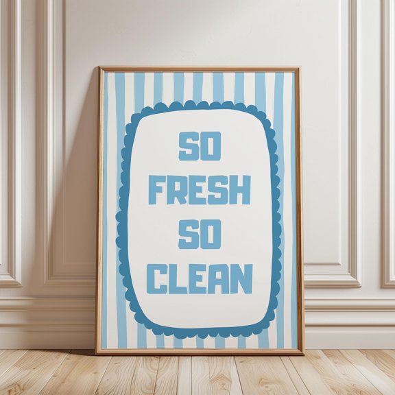 Physical Poster, So Fresh So Clean Laundry Rules Print | Blue Stripe Line Pattern, Fun Wall Art for Laundry Room Decor, Typography Print, Poster Only