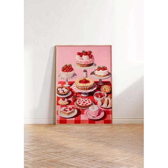 Physical Poster - Vibrant Colourful Strawberry Cake Pie On Table, Checkered Table Cloth Red Pink Kitchen Wall Art | Trendy Art Poster, Unframed Poster Size 8x12