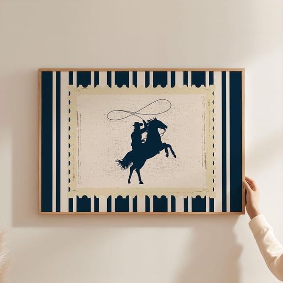 Physical Poster - Vintage Rodeo Poster Cowboy Navy Wall Art, Striped Horse Wall Art, Rustic Mid Century Modern Retro Western Art, Unframed Poster Size 16x24