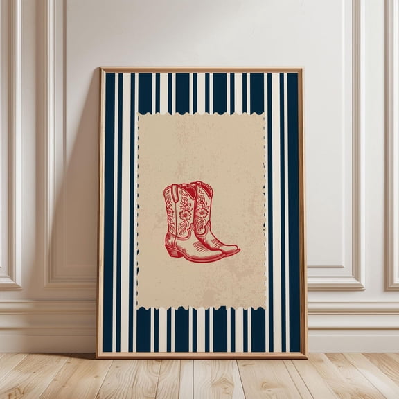 Physical Poster - Vintage Striped Rodeo Poster Western Bedroom Poster Cowboy Boots Wall Art Red Navy Rustic Mid Century Retro Aesthetic Poster, Unframed Poster Size 12x18