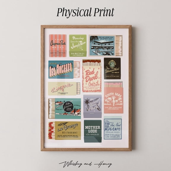 Physical Print Vintage LA Matchbooks Art Print Los Angeles Art Print Vintage Matchbook Collage LA Poster Bar CArt Cali Art