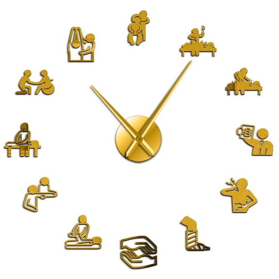 Physical Therapy Osteopathy Big DIY Wall Clock Chiropractic Acupuncture Massage Acrylic Mirror Stickers on the Wall Decor Watch(Gold,27inch)