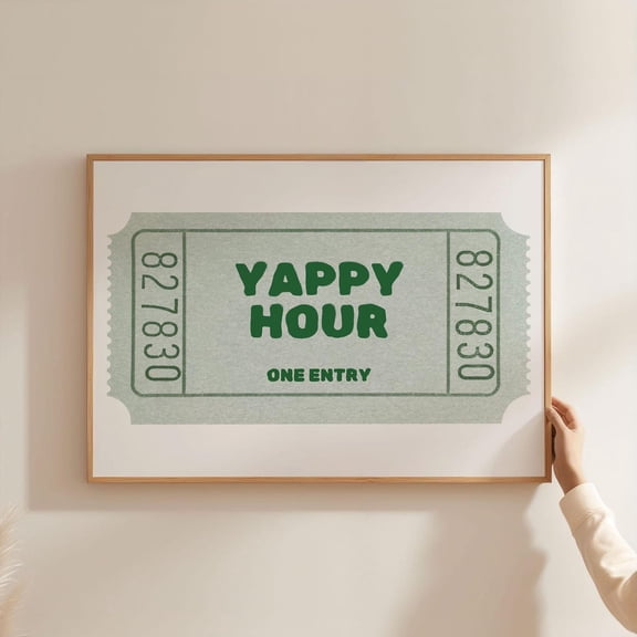 Physical - Yappy Hour Ticket | Kitchen Bar Cocktail Art, Happy Hour Saga Green, Retro Wall Art Landscape Horizontal Unframed Paper Print