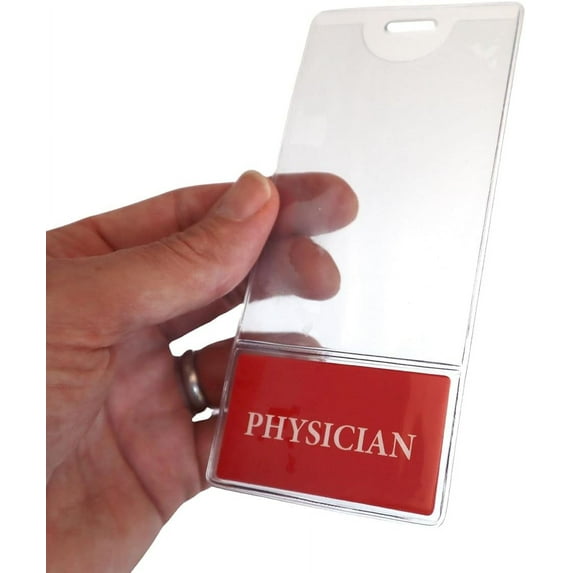Physician BadgeBottom Vertical Badge Buddy & ID Holder Combo - Heavy Duty 2 in 1 Badge Bottom I’D Protector Nursing Accessories - USA Printed Double Sided Role Card Clear Sleeve - Specialist ID (Red)