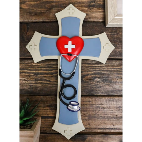 Physician Medic Blue Layered Wall Cross With Red Heart Stethoscope Doctor Nurse