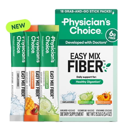 Physician's CHOICE Easy Mix Fiber Stick Packs - GLP-1 Friendly, No Grit, Daily Prebiotic Fiber Powder for Digestive Health & Regularity - On the Go Travel Variety Pack for Women & Men - 18 Count