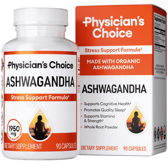 Physician's Choice Ashwagandha - 1950mg Organic Ashwagandha Root, Black Pepper, Stress & Mood Support, 90 Caps