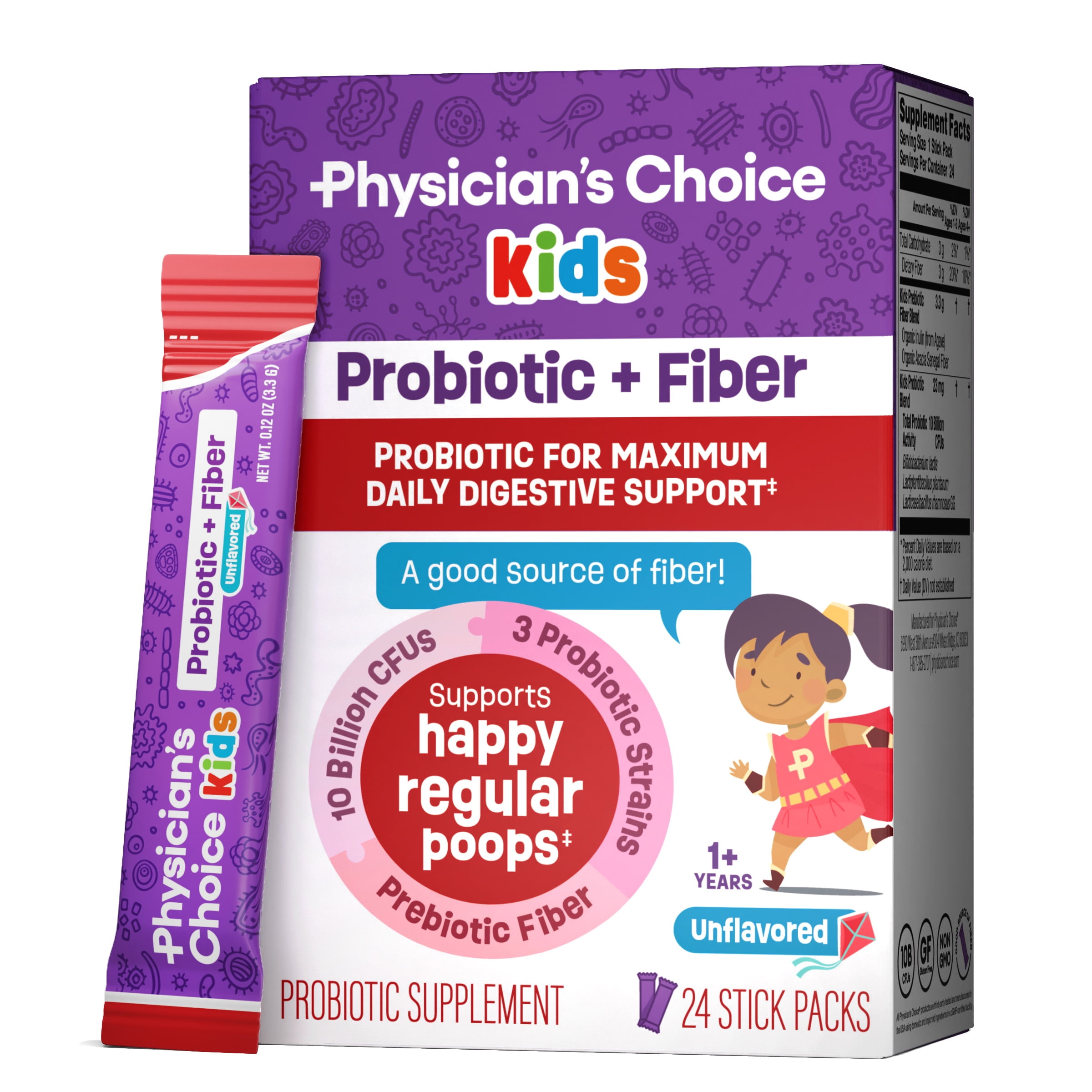 Physician's Choice Kids Probiotic + Prebiotic Fiber Packets (Ages 1+) - Supports Regularity, Occasional Constipation & Healthy Digestive System - No Allergens or Preservatives - Unflavored - 24 Pack