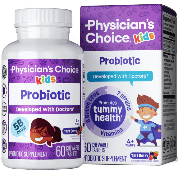 Physicians' Choice Kids Probiotic 60 Count chewable tablets with 7 strains and vitamins for immune and digestive support