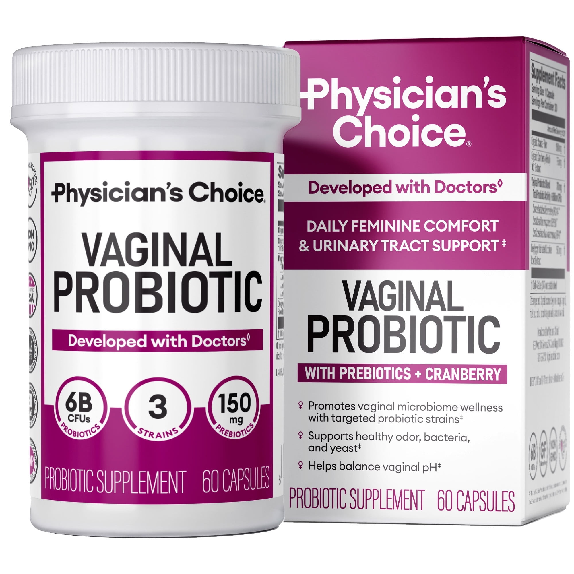 Physician's Choice Vaginal Probiotics for Women - Licorice Root, PH Balance, Odor Control, Yeast, Vaginal Microbiome Health - 6B CFU, Prebiotic, Cranberry - 60 Counts