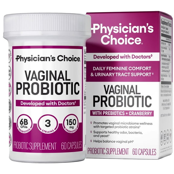 Physician's Choice Vaginal Probiotics for Women - Licorice Root, PH Balance, Odor Control, Yeast, Vaginal Microbiome Health - 6B CFU, Prebiotic, Cranberry - 60 Counts