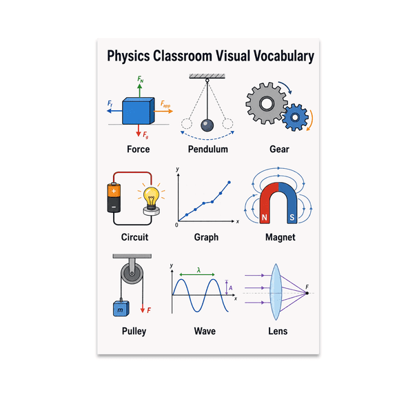 Physics Classroom Visual Vocabulary Poster, STEM Education and Visual Learning Spaces, 13x19 Glossy Paper