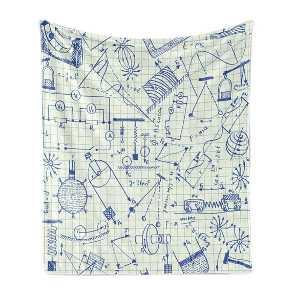 Physics Soft Flannel Fleece Blanket, School Themed Technical Formula and Drawings on Squared Notebook Paper Background, Cozy Plush for Indoor and Outdoor Use, 60" x 80", Ivory Indigo, by Ambesonne