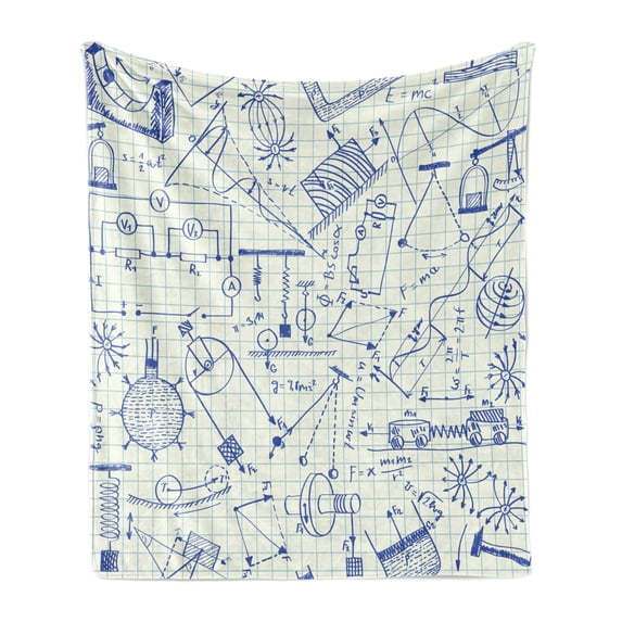 Physics Soft Flannel Fleece Blanket, School Themed Technical Formula and Drawings on Squared Notebook Paper Background, Cozy Plush for Indoor and Outdoor Use, 70" x 90", Ivory Indigo, by Ambesonne