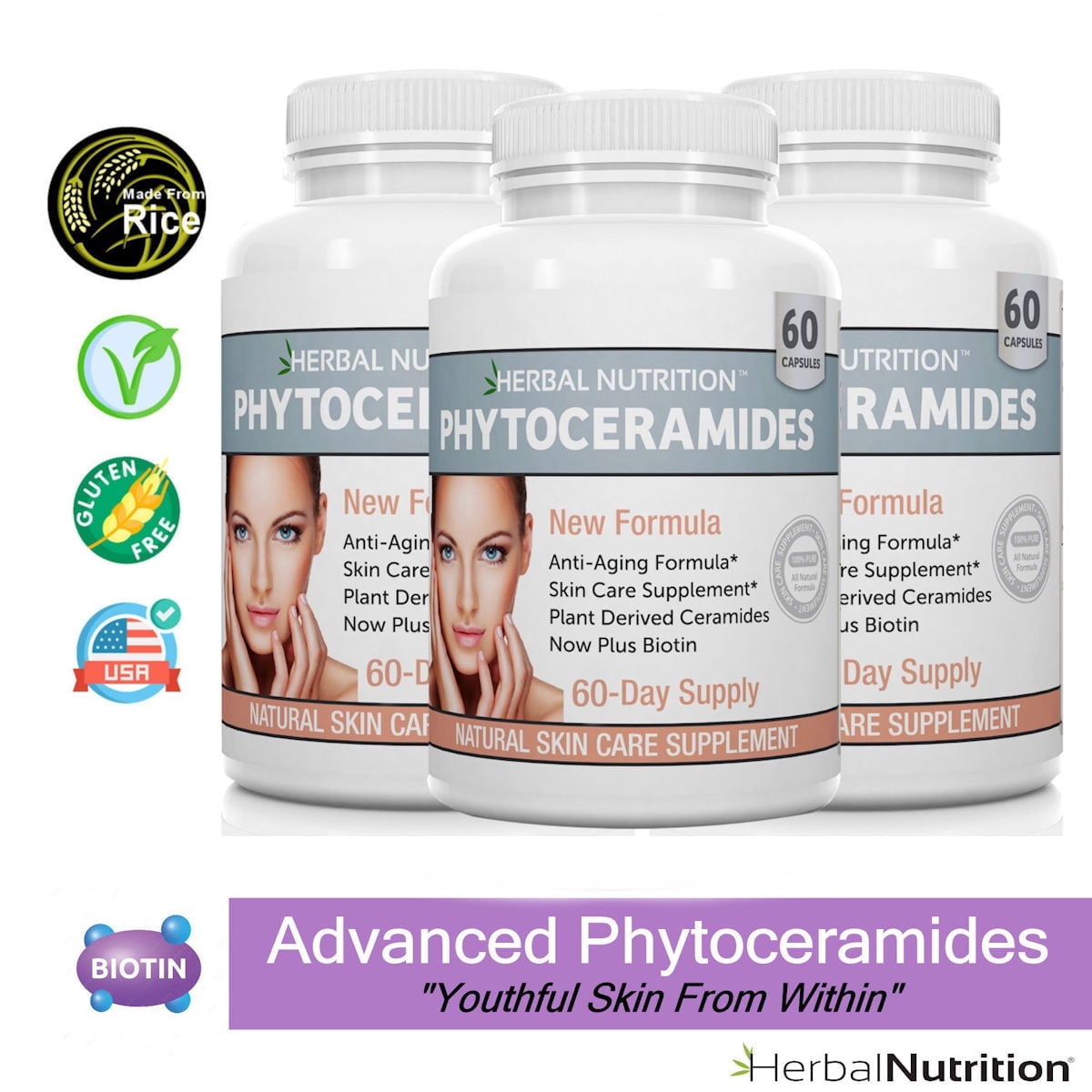 Phytoceramides from Rice with Biotin - 3 60 Ct. Bottles - Younger Looking Skin Guaranteed!