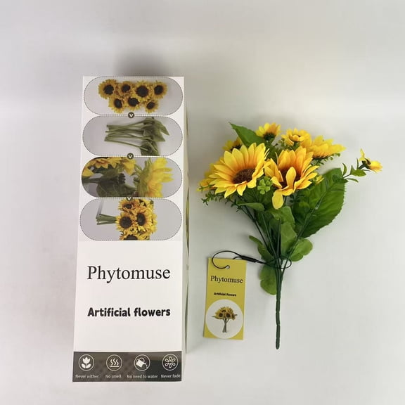 Phytomuse Artificial flowers,Artificial Sunflower Flowers Long Stem Silk Fake Large Sunflowers Decoration for Outdoor Home Wedding Baby Shower Birthday Party Single Bulk Yellow (Dark Center)