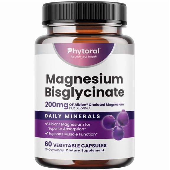 Phytoral Magnesium Bisglycinate Capsules, Magnesium Supplement, 200 mg, 60 Count